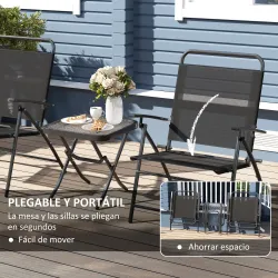 Conjunto de 3 Piezas Mesa con Encimera de Cristal y Sillas Plegables con Respaldo Regulable para Terraza Exterio... - Ogal.Es