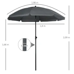 Sombrilla de Playa con Protección UV50+ Mástil de Ø32 mm y Toldo Ajustable Ø180x209 cm Gris Oscuro - Ogal.Es