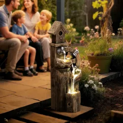 Fuente de Cascada 2 en 1 con Casita para Pájaros con Luces LED y Bomba Característica de Jardín con Troncos Mult... - Ogal.Es