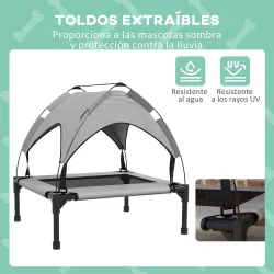 Cama para Perros Elevada con Toldo Marco de Acero y Bolsa de Transporte para Interior y Exterior 76x61x69,5 cm Gris - Ogal.Es