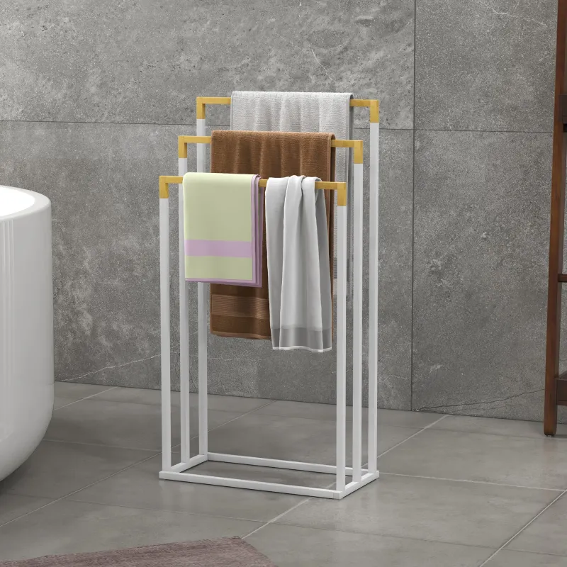Toallero de Pie Escalonado con 3 Barras de Bambú y Marco de Acero para Baño Lavadero 45x22,5x86 cm Blanco y Natural - Ogal.Es