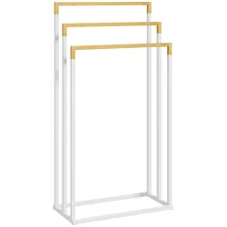 Toallero de Pie Escalonado con 3 Barras de Bambú y Marco de Acero para Baño Lavadero 45x22,5x86 cm Blanco y Natural - Ogal.Es