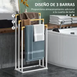 Toallero de Pie Escalonado con 3 Barras de Bambú y Marco de Acero para Baño Lavadero 45x22,5x86 cm Blanco y Natural - Ogal.Es