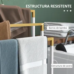 Toallero de Pie Escalonado con 3 Barras de Bambú y Marco de Acero para Baño Lavadero 45x22,5x86 cm Blanco y Natural - Ogal.Es