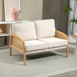 Sofá de 2 Plazas Tapizado en Chenilla con 2 Almohadas Lavables y Reposabrazos de Ratán Sintético 123x75x88 cm Beige - Ogal.Es