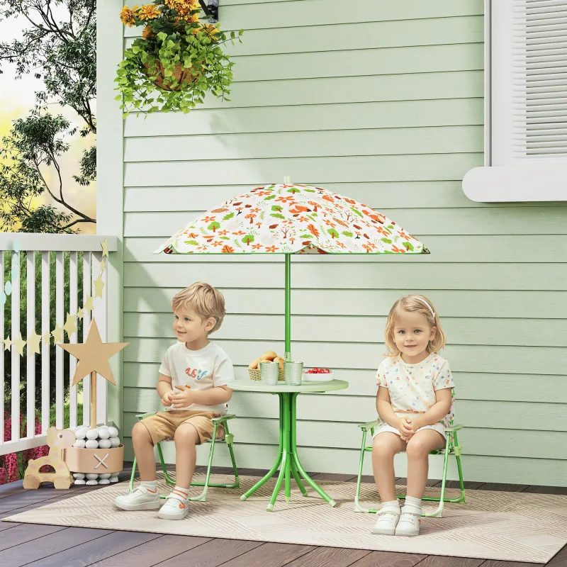 Conjunto Infantil de Jardín Plegable con 2 Sillas Mesa y Sombrilla Ajustable para Niños de 2 a 5 Años Verde - Ogal.Es