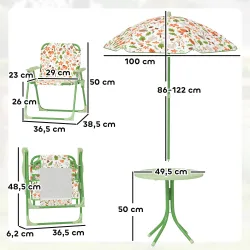 Conjunto Infantil de Jardín Plegable con 2 Sillas Mesa y Sombrilla Ajustable para Niños de 2 a 5 Años Verde - Ogal.Es