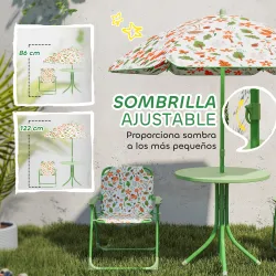 Conjunto Infantil de Jardín Plegable con 2 Sillas Mesa y Sombrilla Ajustable para Niños de 2 a 5 Años Verde - Ogal.Es