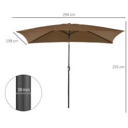 Sombrilla de Aluminio 198x294x255 Parasol Rectangular de Jardín Inclinable con Manivela y Poste Desmontable Café - Ogal.Es