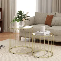 Conjunto de 2 Mesas Auxiliares Tipo Nido con Estructura de Metal y Encimera de Cristal Ø50x50 cm y Ø40x40 cm Dorado - Ogal.Es