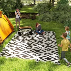 Alfombra de Exterior Reversible 182x274 cm con Patrón Geométrico Impermeable con Bolsa Blanco y Negro - Ogal.Es