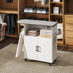 Mueble de Planchar con Ruedas Barra para Colgar Ropa Estante Abierto y Tabla de Planchar 125x43,5x102,5 cm Blanco - Ogal.Es