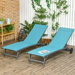 Juego de 2 Tumbonas Reclinables de Jardín de Aluminio con Respaldo Ajustable y Ruedas 165x66x102 cm Azul y Gris - Ogal.Es