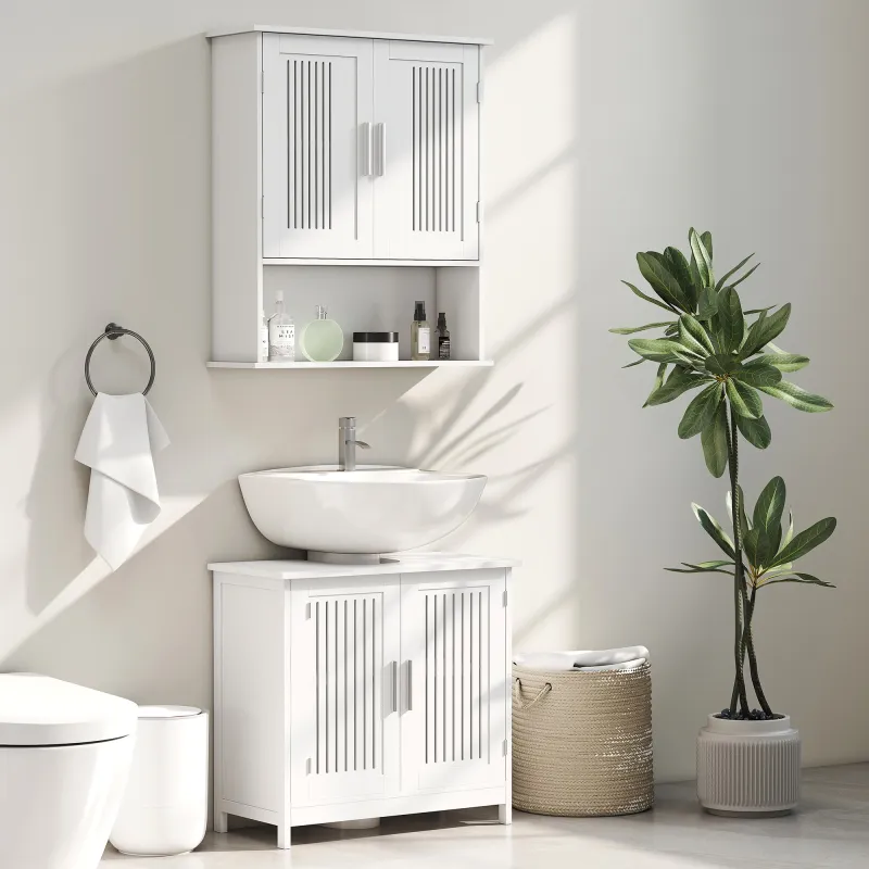 Armario de Pared para Baño Multiusos con Estante Ajustable Puertas de Listones y Compartimento 60x20x70 cm Blanco - Ogal.Es