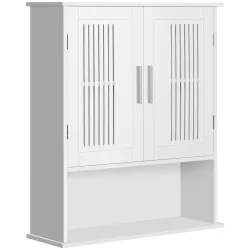Armario de Pared para Baño Multiusos con Estante Ajustable Puertas de Listones y Compartimento 60x20x70 cm Blanco - Ogal.Es