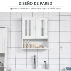 Armario de Pared para Baño Multiusos con Estante Ajustable Puertas de Listones y Compartimento 60x20x70 cm Blanco - Ogal.Es