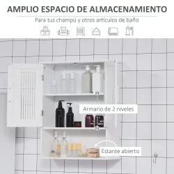 Armario de Pared para Baño Multiusos con Estante Ajustable Puertas de Listones y Compartimento 60x20x70 cm Blanco - Ogal.Es