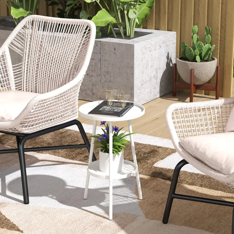Mesa de Jardín Redonda de 2 Niveles con Bordes Elevados Bandeja Inferior para Exterior e Interior Ø32x51 cm Blanco - Ogal.Es