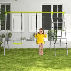 Columpio para Niños con Altura Ajustable 2 Sillas Trepador Red de Escalada y Anti-UV 260x185x180 cm Gris y Verde - Ogal.Es
