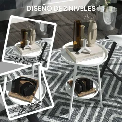 Mesa de Jardín Redonda de 2 Niveles con Bordes Elevados Bandeja Inferior para Exterior e Interior Ø32x51 cm Blanco - Ogal.Es