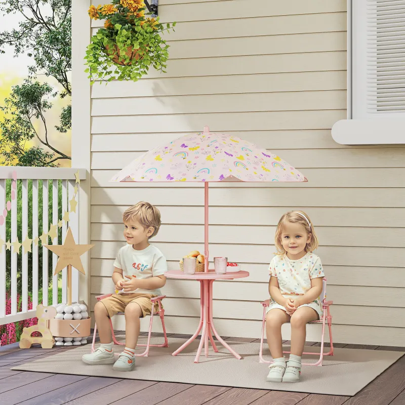 Conjunto Infantil de Jardín Plegable con 2 Sillas Mesa y Sombrilla Ajustable para Niños de 2 a 5 Años Rosa - Ogal.Es