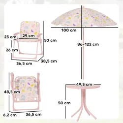 Conjunto Infantil de Jardín Plegable con 2 Sillas Mesa y Sombrilla Ajustable para Niños de 2 a 5 Años Rosa - Ogal.Es