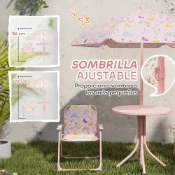 Conjunto Infantil de Jardín Plegable con 2 Sillas Mesa y Sombrilla Ajustable para Niños de 2 a 5 Años Rosa - Ogal.Es