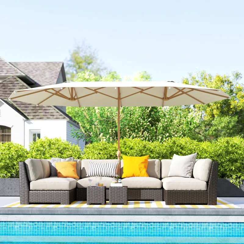 Sombrilla Doble 4,6x2,7 m Sombrilla Grande con Manivela Manual Resistente al Agua y Protección Solar Beige - Ogal.Es