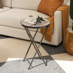 Mesa Auxiliar Redonda de Jardín Plegable con Encimera de Mosaico y Almohadillas Antideslizantes Ø35,5x55 cm Mult... - Ogal.Es
