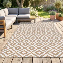 Alfombra de Exterior Reversible 182x274 cm con Patrón Geométrico Acabado Impermeable Café y Blanco - Ogal.Es
