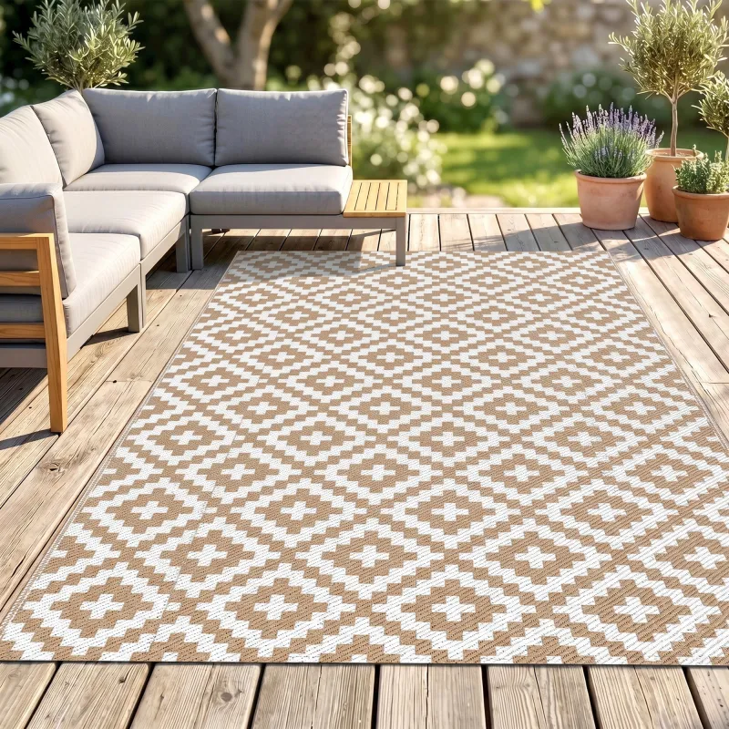 Alfombra de Exterior Reversible 182x274 cm con Patrón Geométrico Acabado Impermeable Café y Blanco - Ogal.Es
