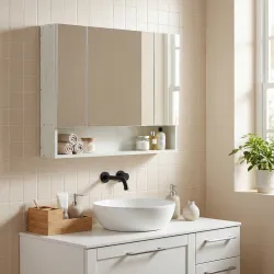 Armario de Baño con Espejo 3 Puertas Estante Ajustable y Compartimento 90x15x75 cm Blanco - Ogal.Es