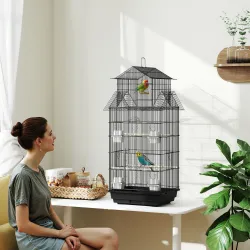 Jaula para Pájaros de Acero con Comederos Perchas Columpio y Bandeja Extraíble 50,5x41x104 cm Negro - Ogal.Es
