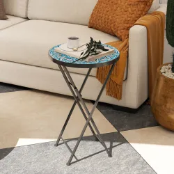 Mesa Auxiliar Redonda de Jardín Plegable con Encimera de Mosaico y Almohadillas Antideslizantes Ø35,5x55 cm Azul - Ogal.Es