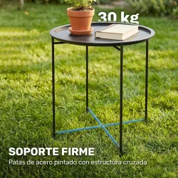 Mesa de Jardín Redonda con Bandeja Extraíble Patas Ajustables y Acabado en Acero para Exterior Ø46x50 cm Negro - Ogal.Es