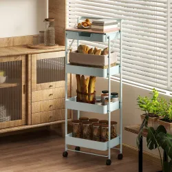 Carrito Auxiliar con Ruedas de 4 Niveles con Cajón Encimera y Cestas de Rejilla para Dormitorio Baño Cocina Verd... - Ogal.Es
