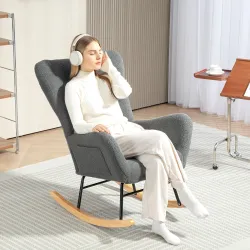 Mecedora de Borreguito con Respaldo Acolchado Almohada y Base de Madera de Caucho Carga 120 kg Gris - Ogal.Es