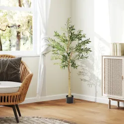 Planta Artificial Decorativa de 150 cm Árbol de Olivo con 720 Hojas y 32 Aceitunas en Maceta para Interior Verde - Ogal.Es
