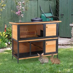 Jaula para Conejos con Techo Asfáltico Abatible Puertas con Pestillo Bandejas Extraíbles 122x50x101 cm Natural y... - Ogal.Es