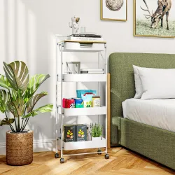 Carrito Auxiliar con Ruedas de 4 Niveles con Cajón Encimera y Cestas de Rejilla para Dormitorio Baño Cocina Blanco - Ogal.Es