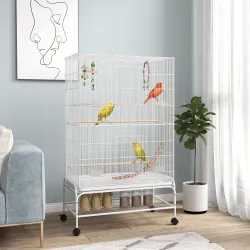Jaula para Pájaros con Ruedas Bandeja Extraíble Puertas Comederos Perchas y Estante Inferior 79x49x133 cm Blanco - Ogal.Es