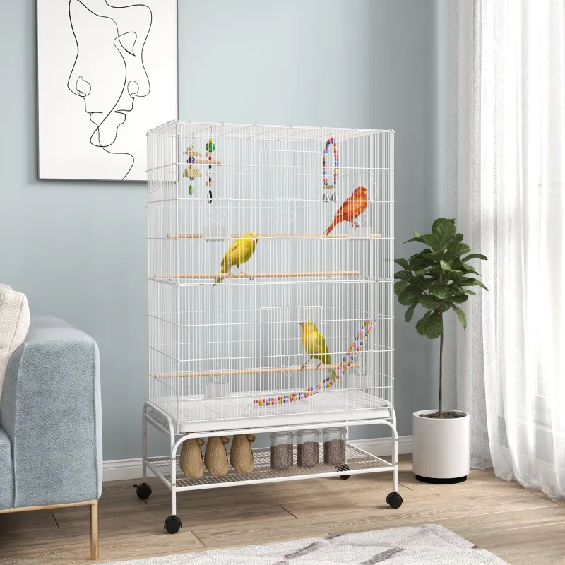 Jaula para Pájaros con Ruedas Bandeja Extraíble Puertas Comederos Perchas y Estante Inferior 79x49x133 cm Blanco - Ogal.Es
