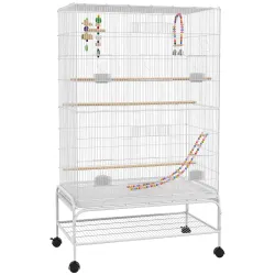 Jaula para Pájaros con Ruedas Bandeja Extraíble Puertas Comederos Perchas y Estante Inferior 79x49x133 cm Blanco - Ogal.Es
