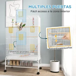 Jaula para Pájaros con Ruedas Bandeja Extraíble Puertas Comederos Perchas y Estante Inferior 79x49x133 cm Blanco - Ogal.Es