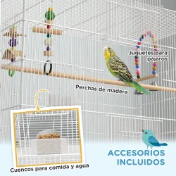 Jaula para Pájaros con Ruedas Bandeja Extraíble Puertas Comederos Perchas y Estante Inferior 79x49x133 cm Blanco - Ogal.Es