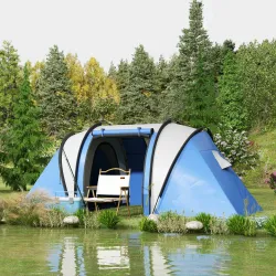 Tienda de Camping Familiar para 4-5 Personas con 2 Habitaciones Separadas Puertas y Ventanas 450x220x180 cm Azul - Ogal.Es