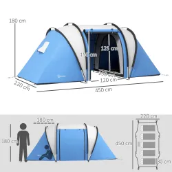 Tienda de Camping Familiar para 4-5 Personas con 2 Habitaciones Separadas Puertas y Ventanas 450x220x180 cm Azul - Ogal.Es