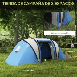 Tienda de Camping Familiar para 4-5 Personas con 2 Habitaciones Separadas Puertas y Ventanas 450x220x180 cm Azul - Ogal.Es
