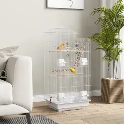 Pajarera con Múltiples Puertas 4 Comederos 3 Perchas Columpio Escaleras y Bandeja Extraíble 46x36x100 cm Blanco - Ogal.Es