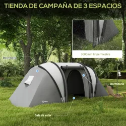 Tienda de Camping Familiar para 4-5 Personas con 2 Habitaciones Separadas Puertas y Ventanas 450x220x180 cm Gris - Ogal.Es